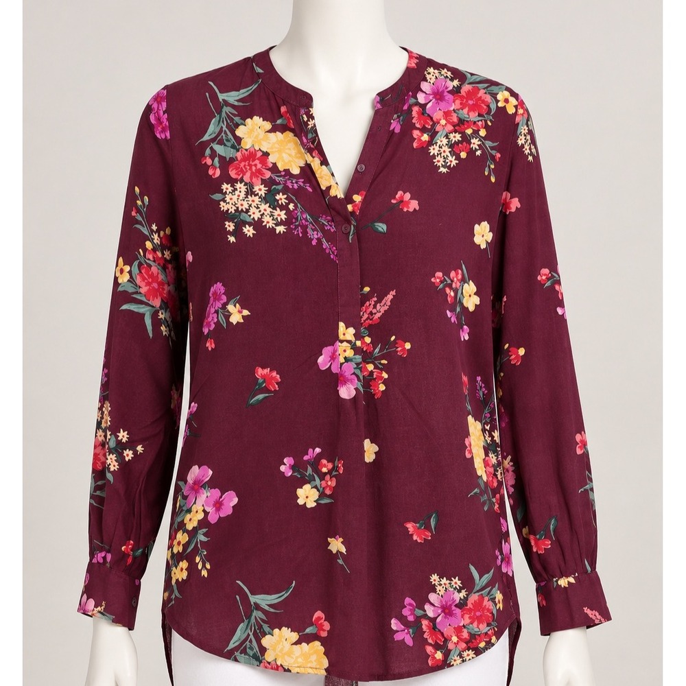 Old Navy The Tunic Shirt Womens Medium Burgundy Floral Long Sleeve Rayon Blouse